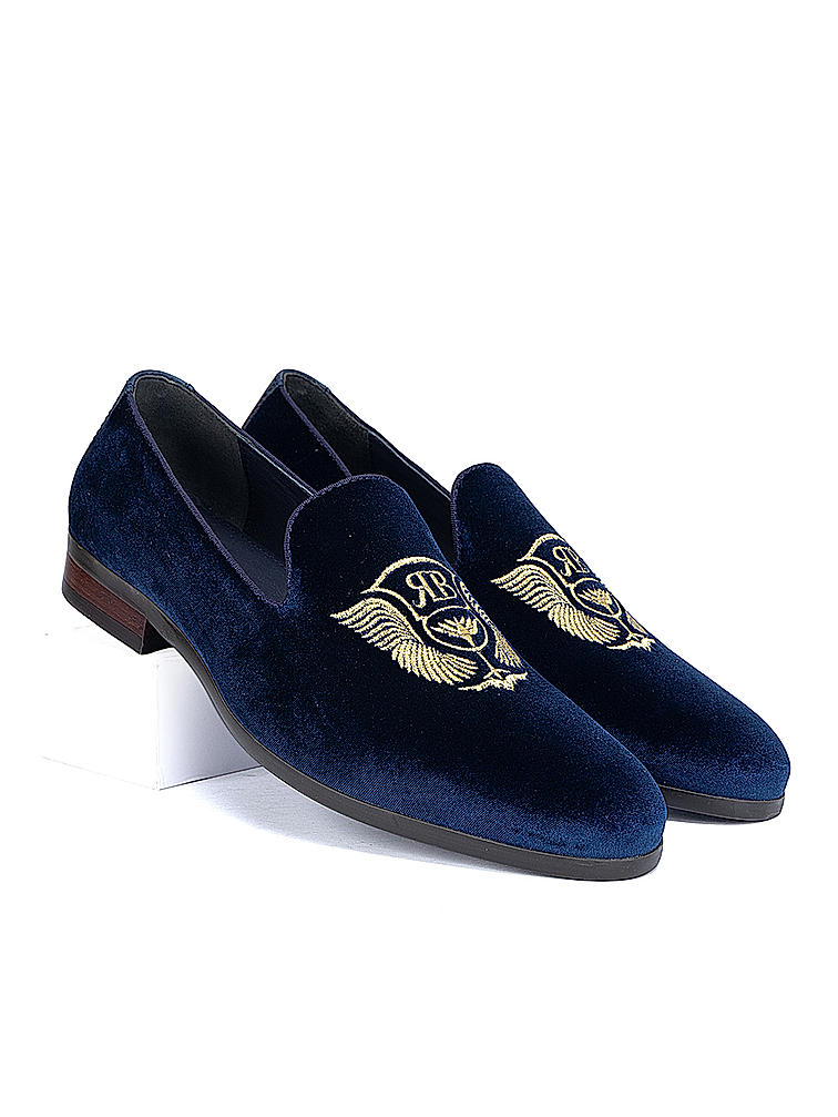 Navy Velvet Embroidered Loafers